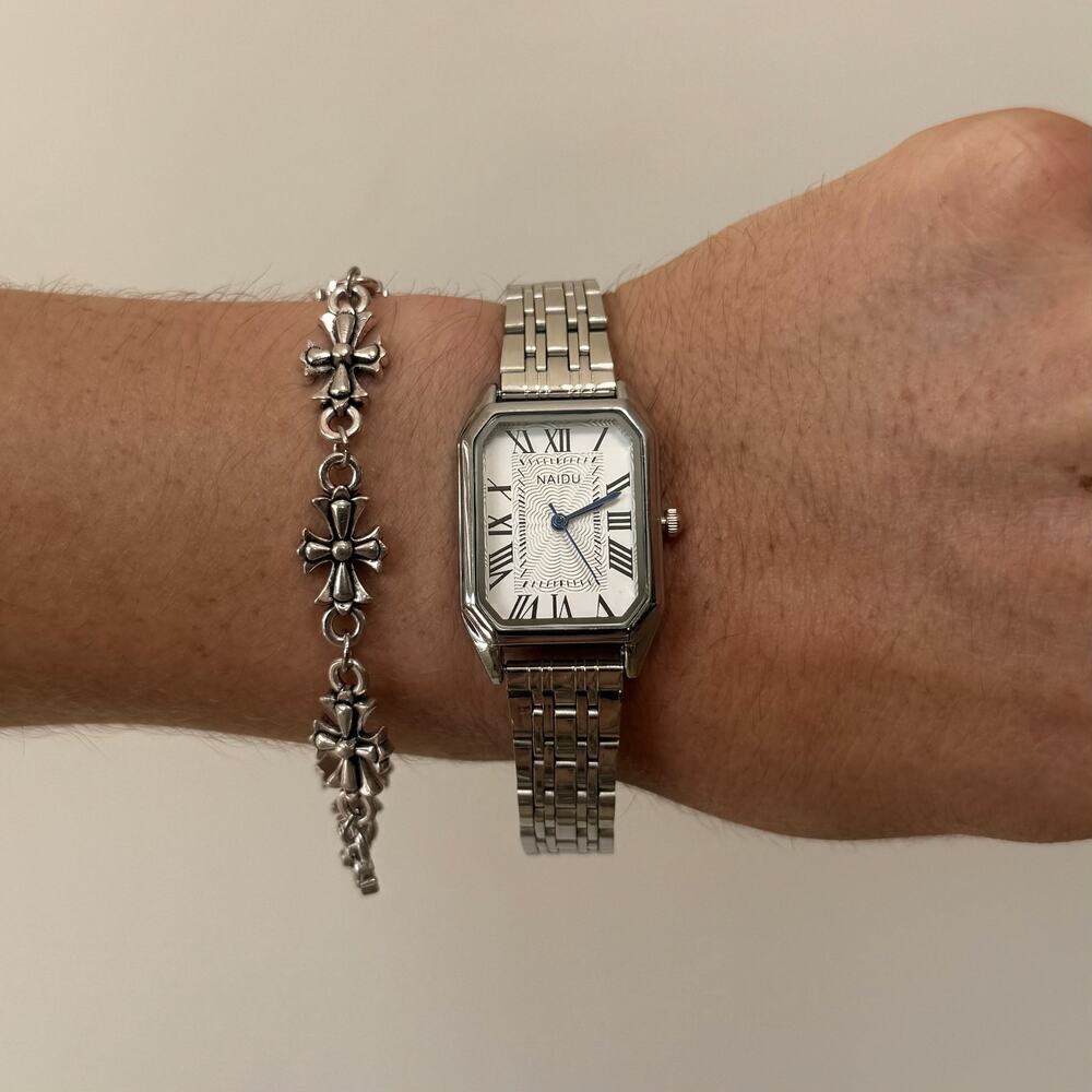 2000s Vintage Rectangle Quartz Watch Unisex Stainless Steel 8.5" New